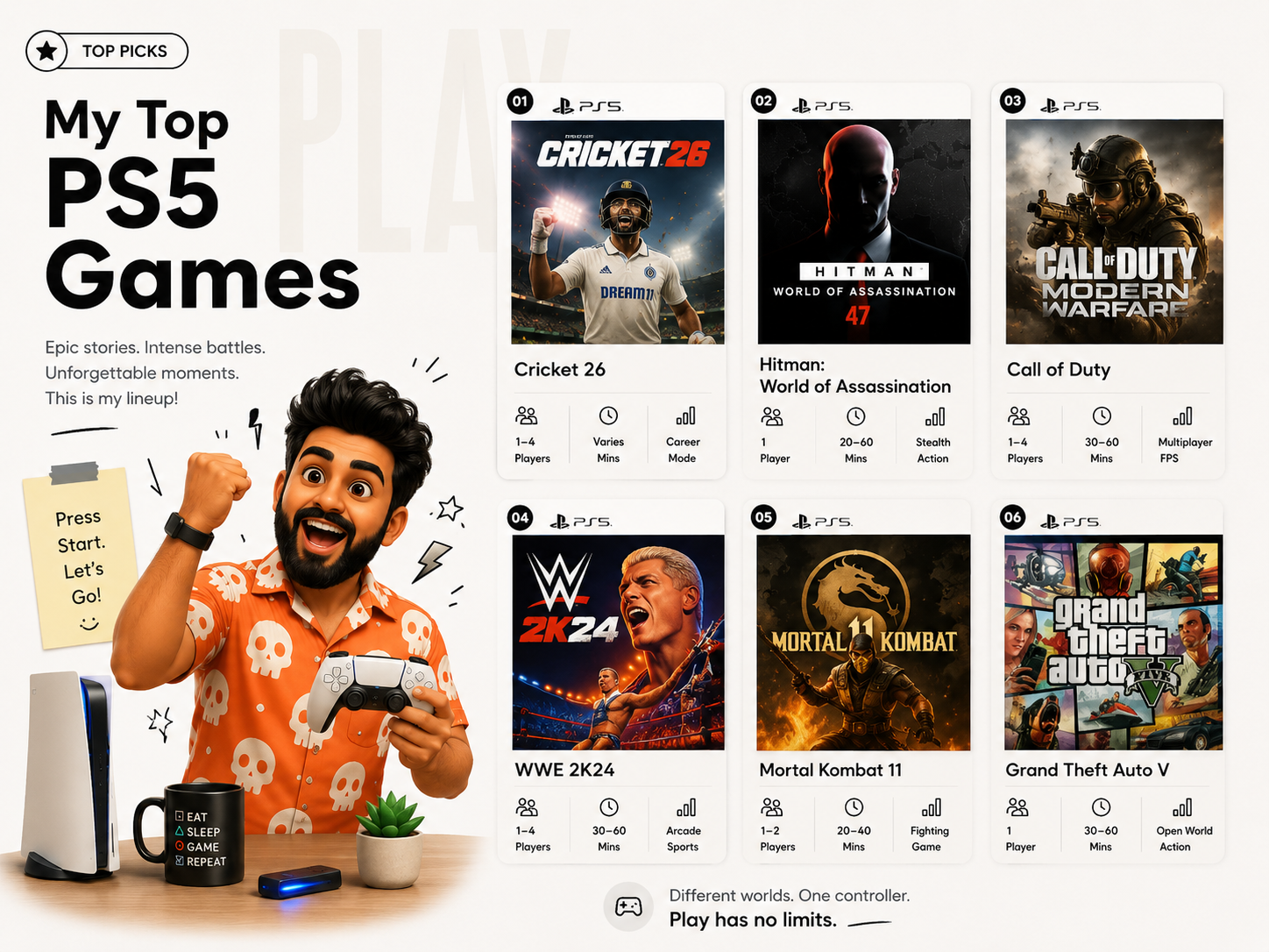 My top PS5 games — Cricket 26, Hitman, Call of Duty, WWE 2K24, Mortal Kombat 11, GTA V
