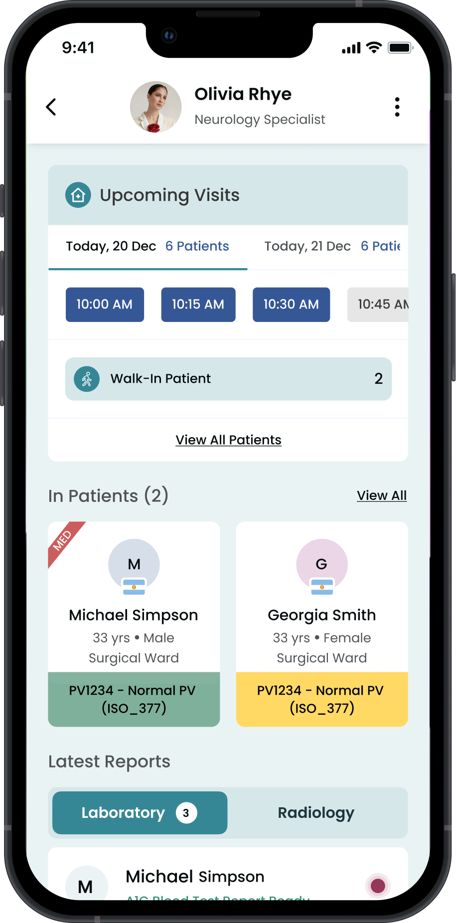 Old app — clinician home with upcoming visits and in-patients