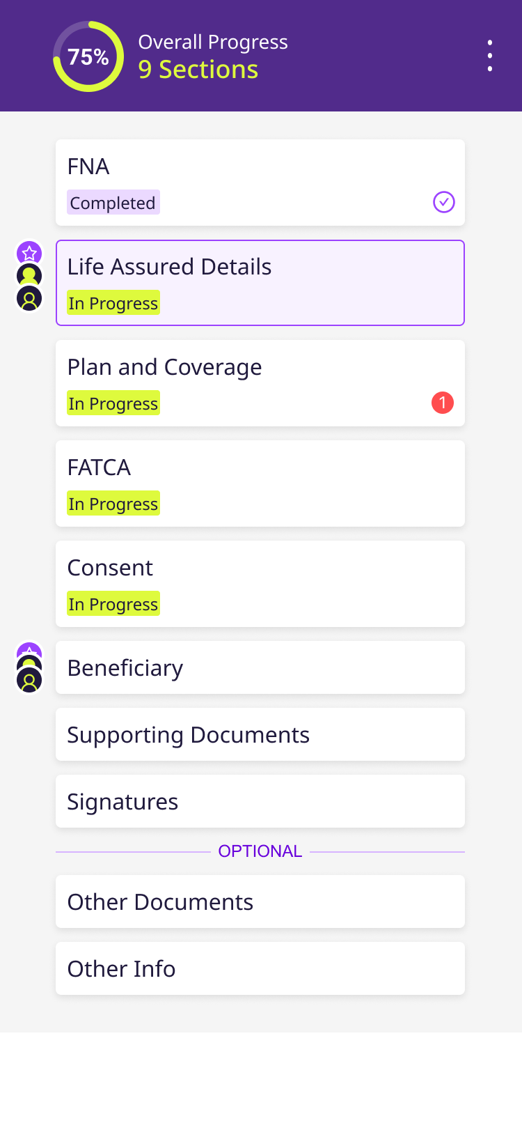 Mobile progress dropdown — overall progress ring at 75%, section cards with status chips and per-section badges.