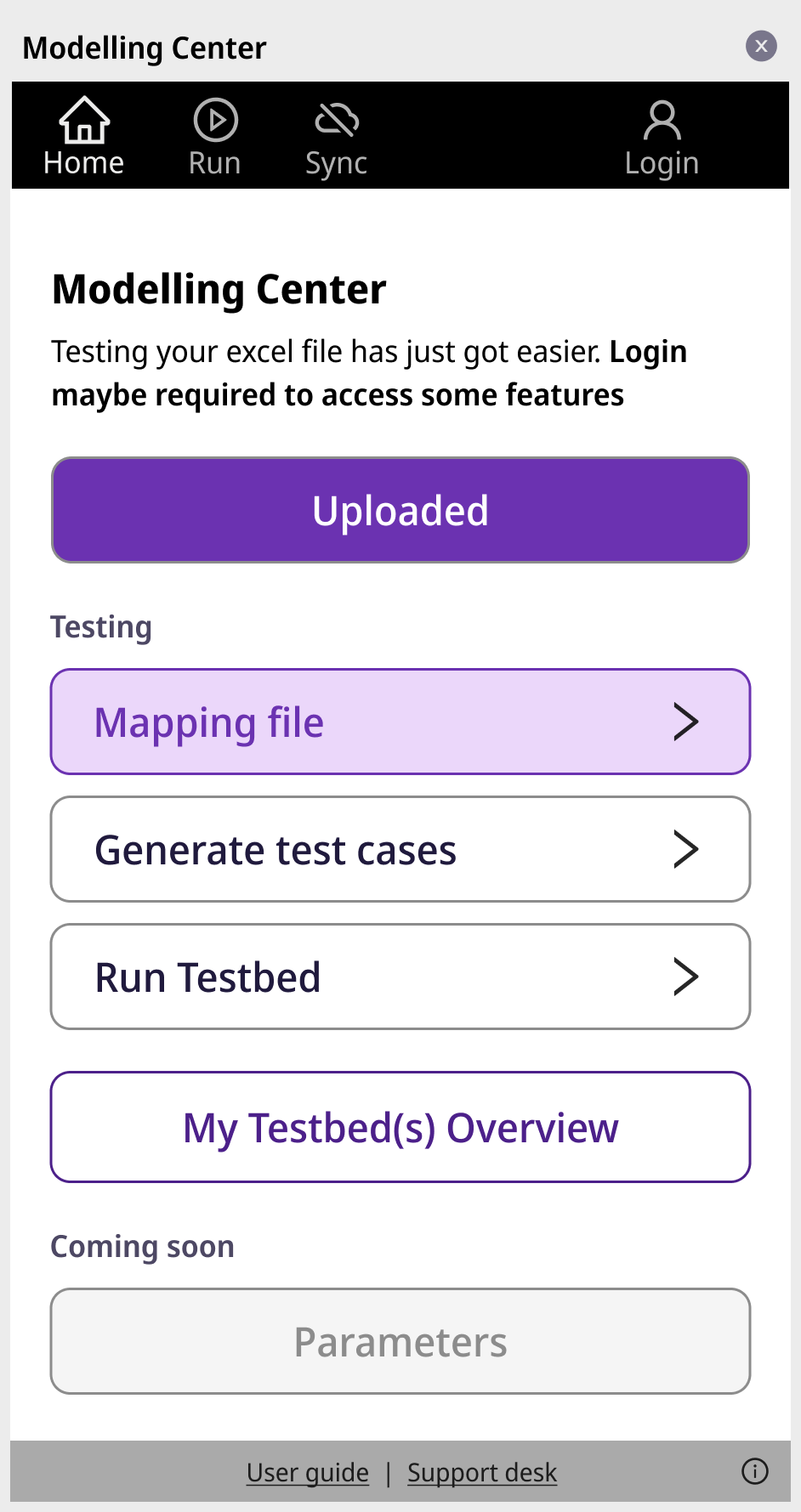 Modelling Center add-in panel with Uploaded status, testing steps and a disabled Parameters option under Coming soon