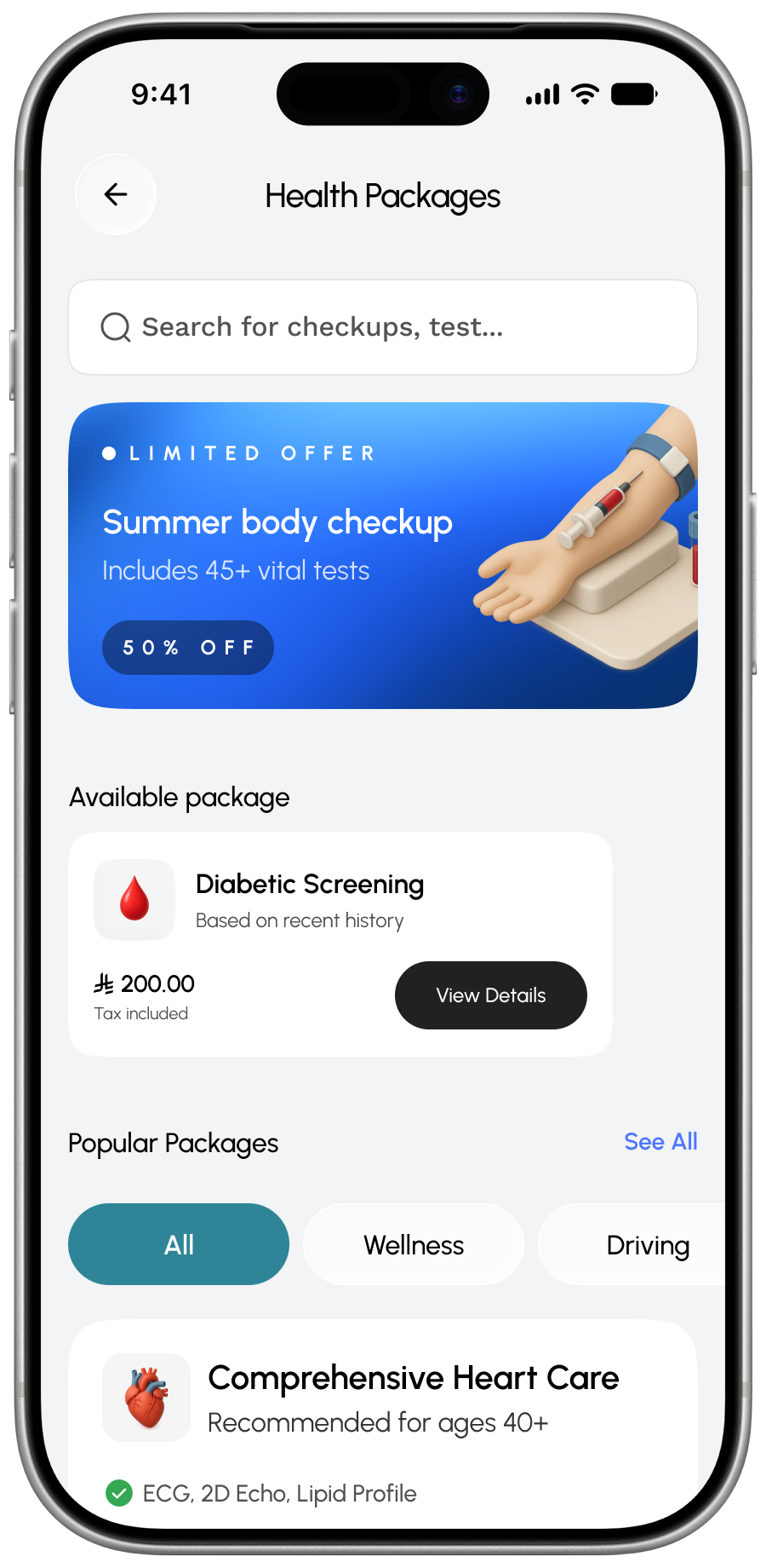 Al Hammadi patient app — Health Packages listing with limited offers