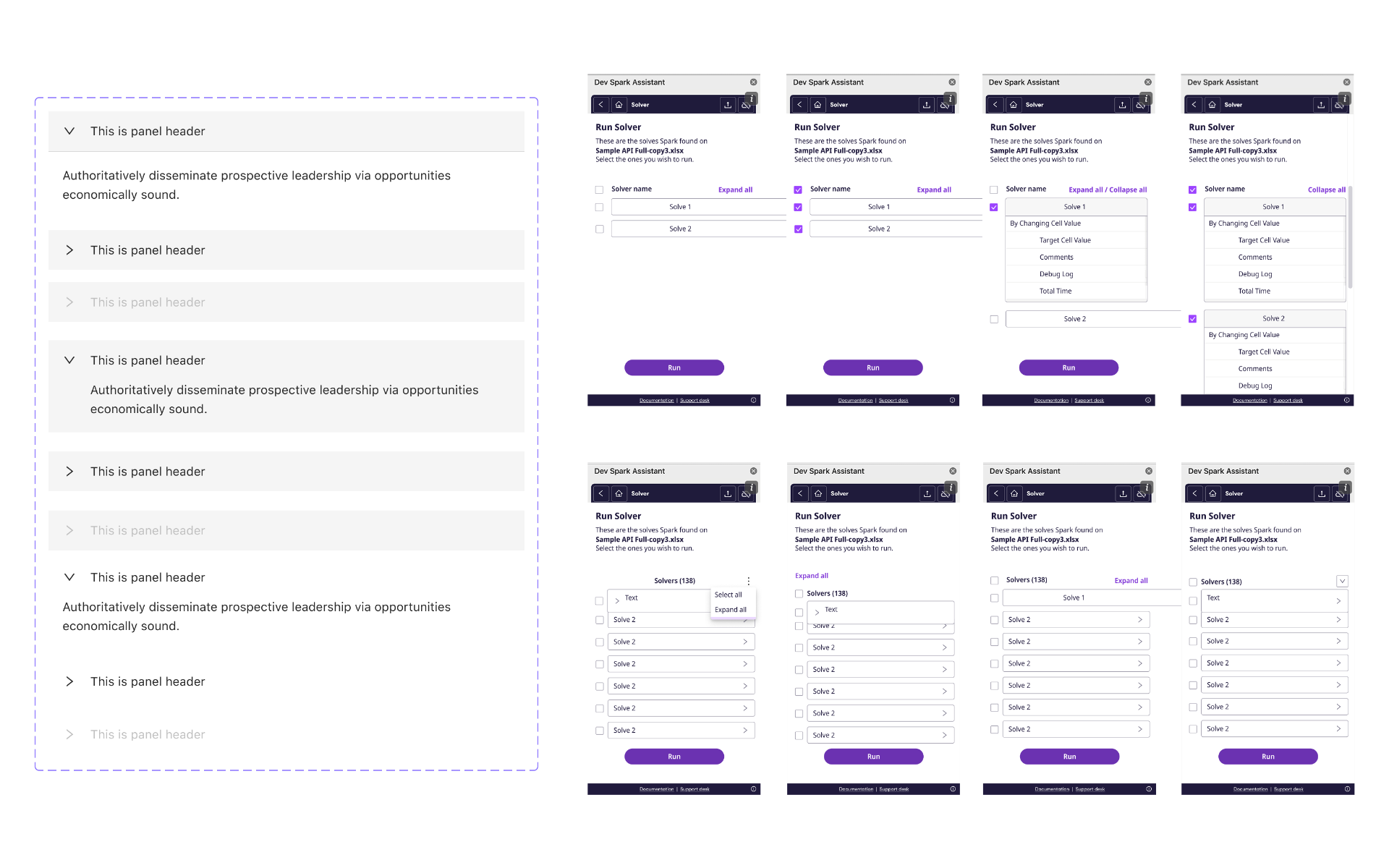 Eight variations of the Run Solver panel drawn by different teams — surface drift audit.