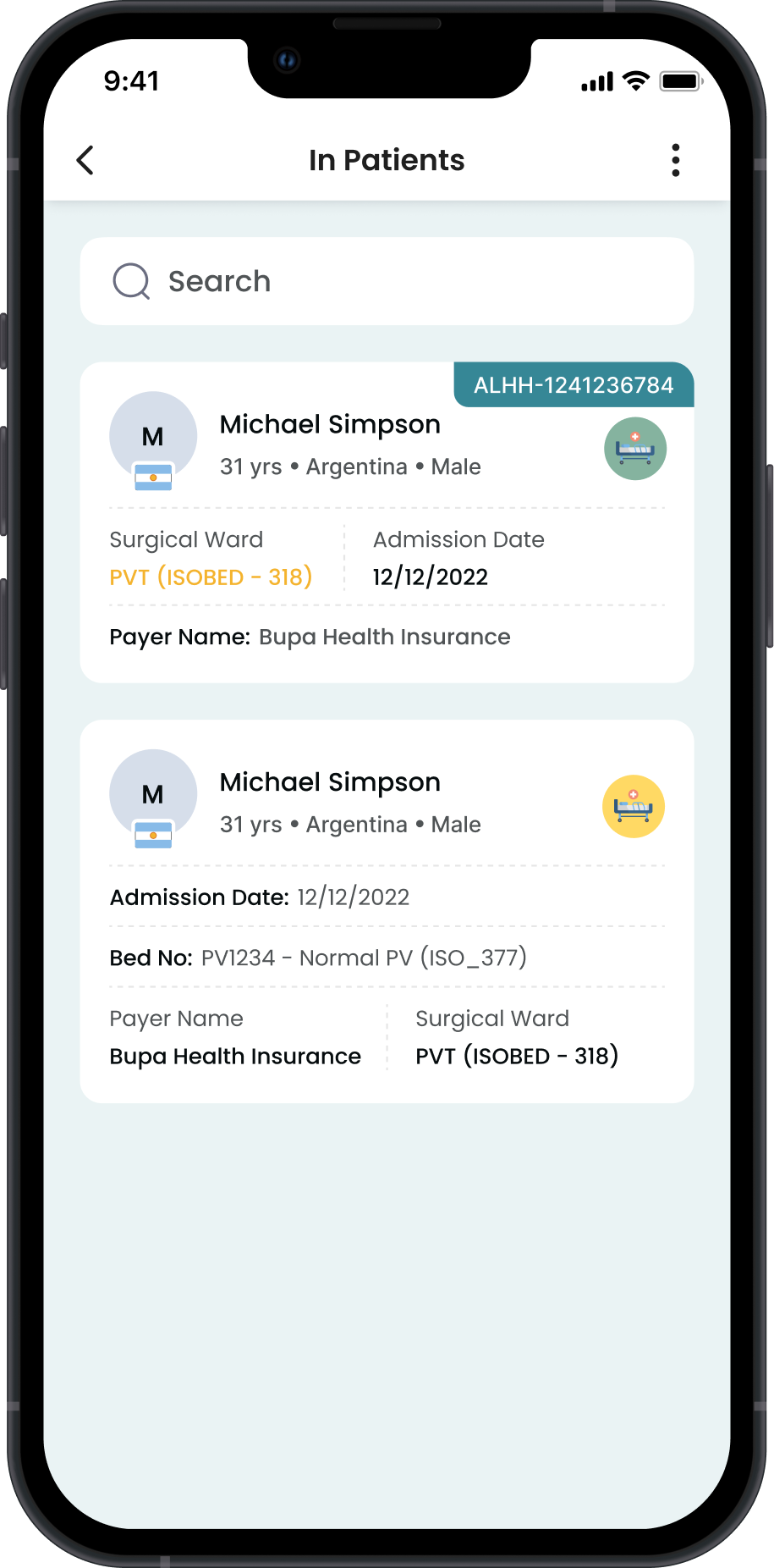 Old app — in-patients list with ward and bed metadata surfaced up-front