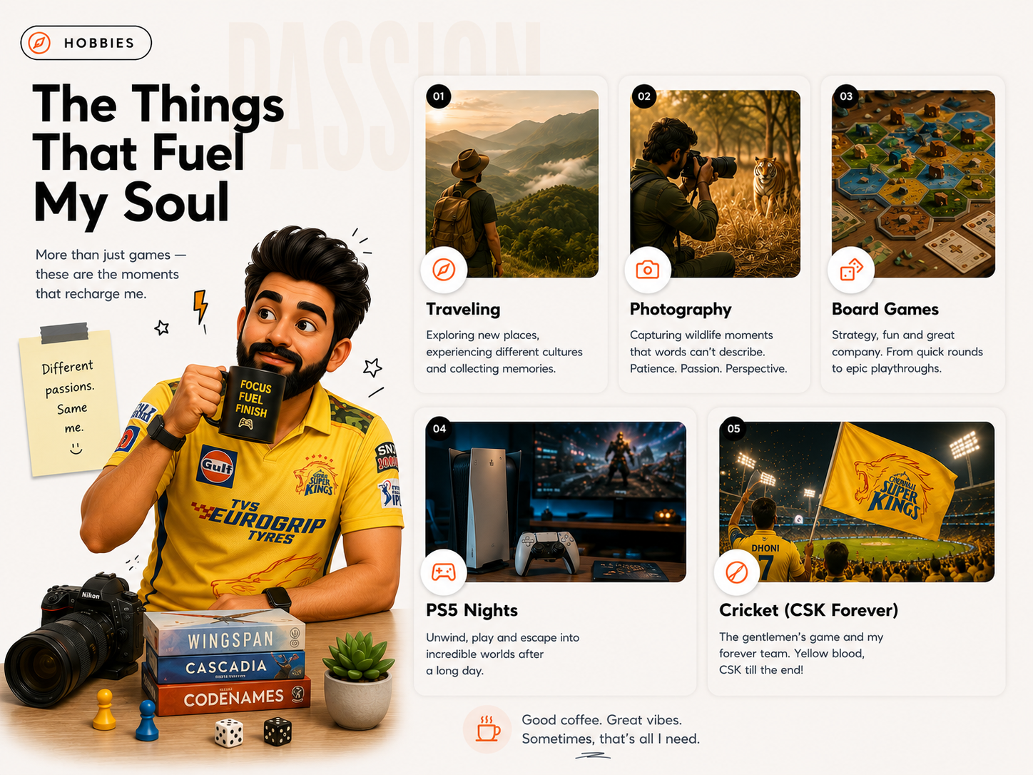 The things that fuel my soul — hobbies including traveling, photography, board games, PS5 nights, and cricket