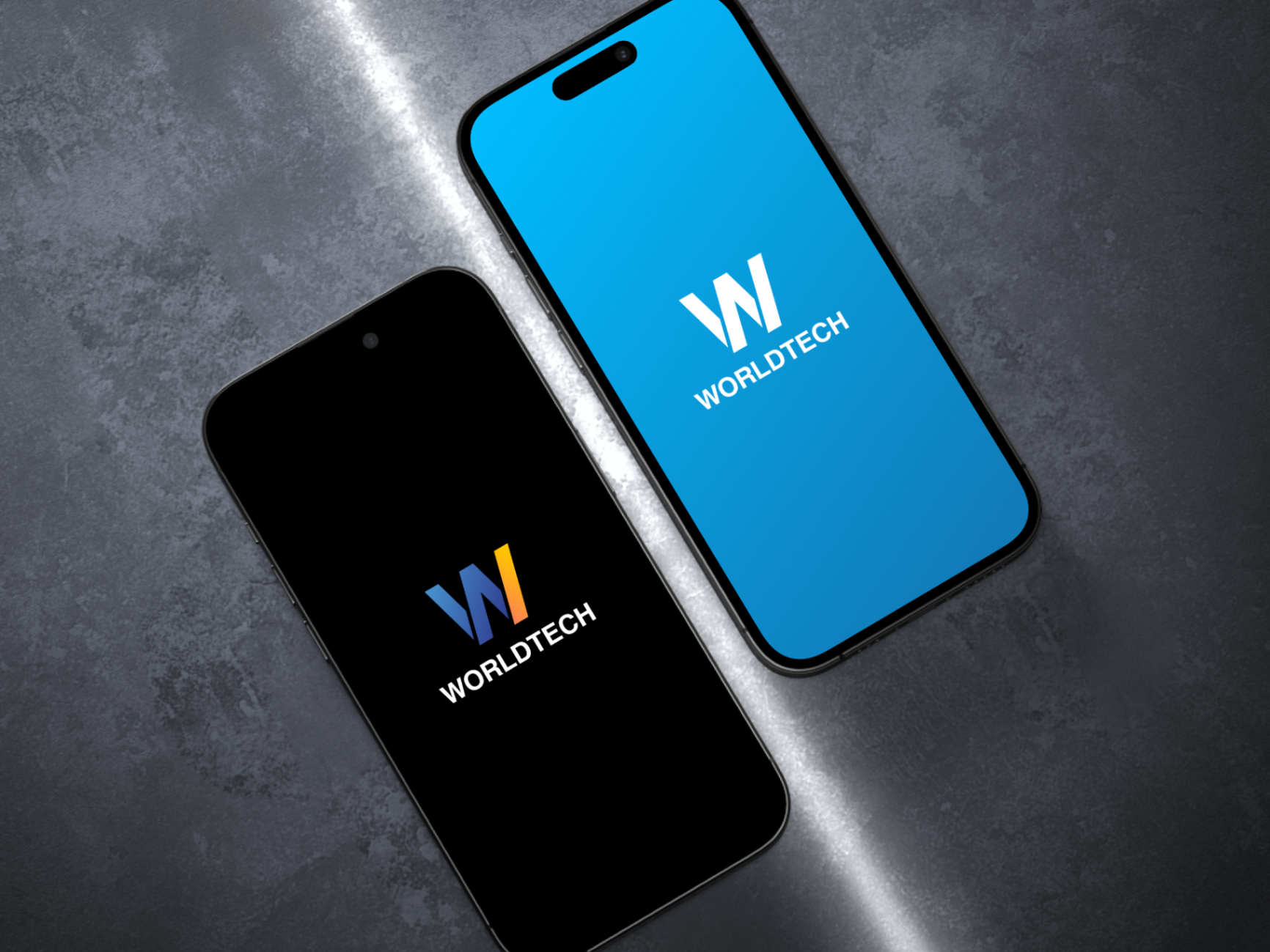 Worldtech wordmark — app splash mockups