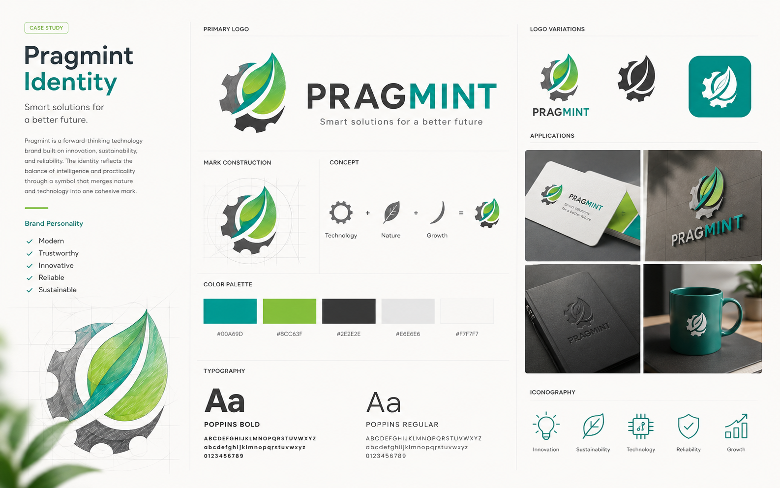 Pragmint identity case study — logo, construction, palette, typography and applications