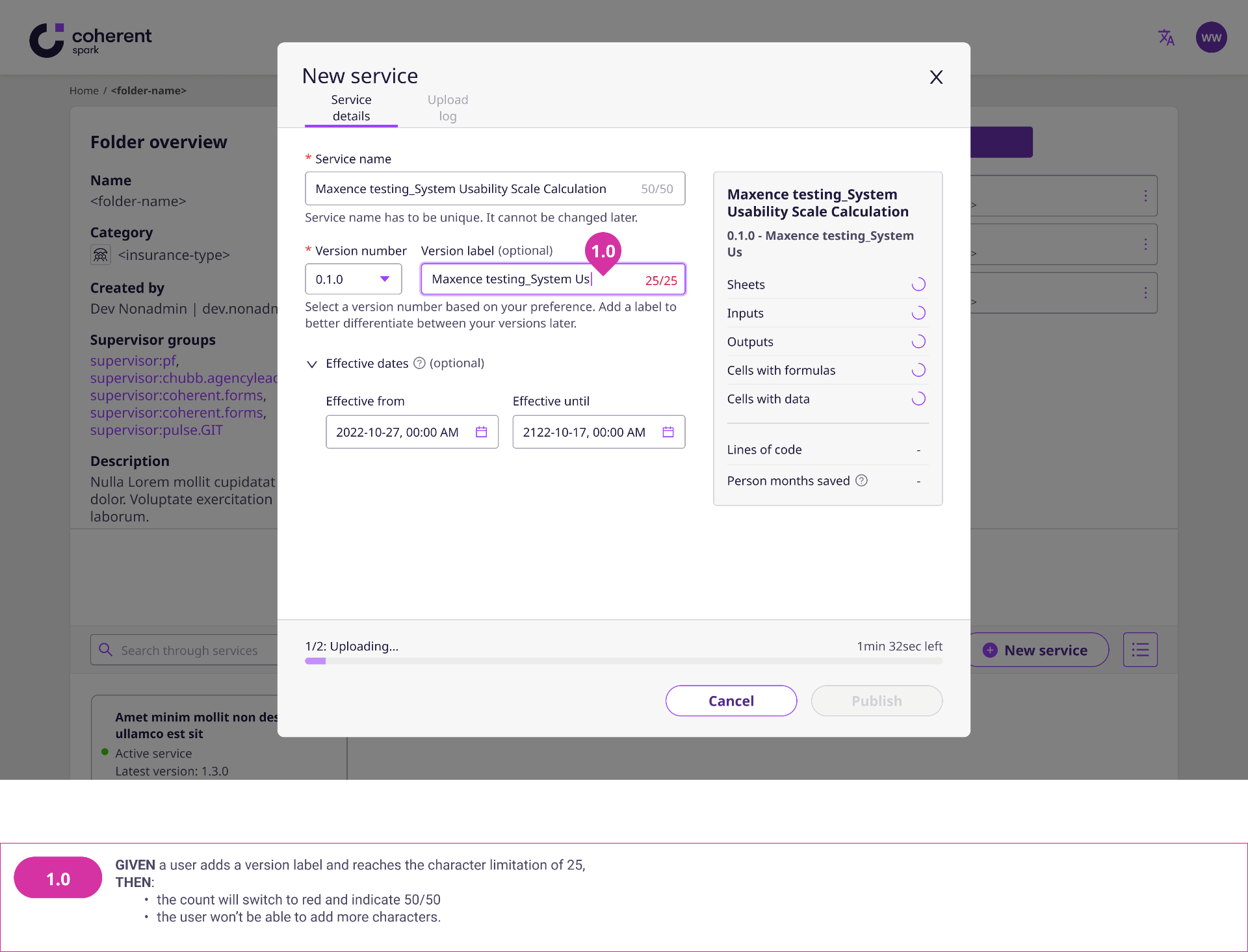 New service modal on the Spark platform showing version label field at its 25-character limit with annotated validation spec