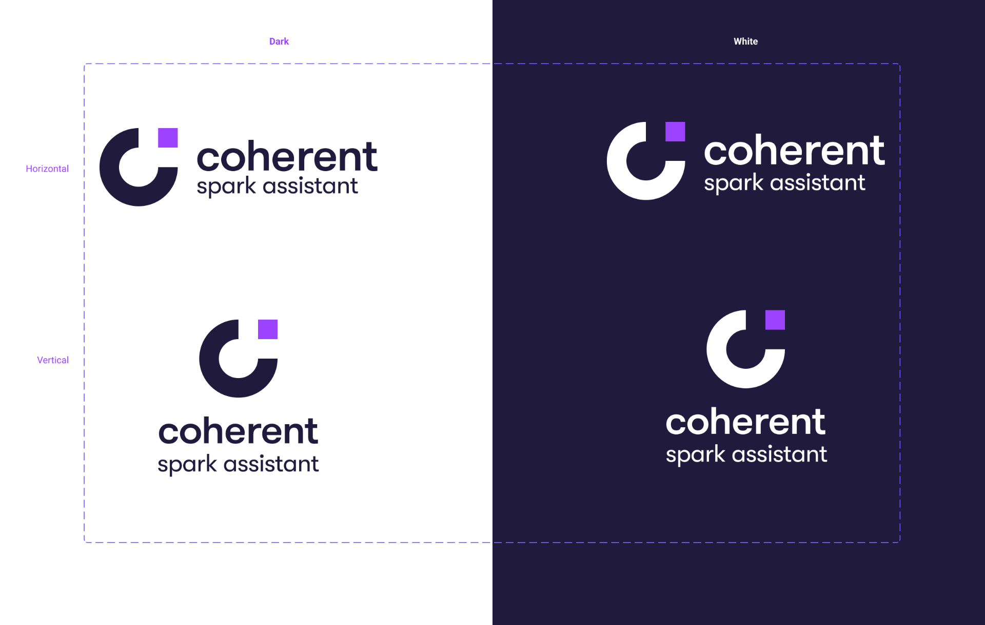 Coherent Spark Assistant logo — horizontal and vertical, on light and dark surfaces.