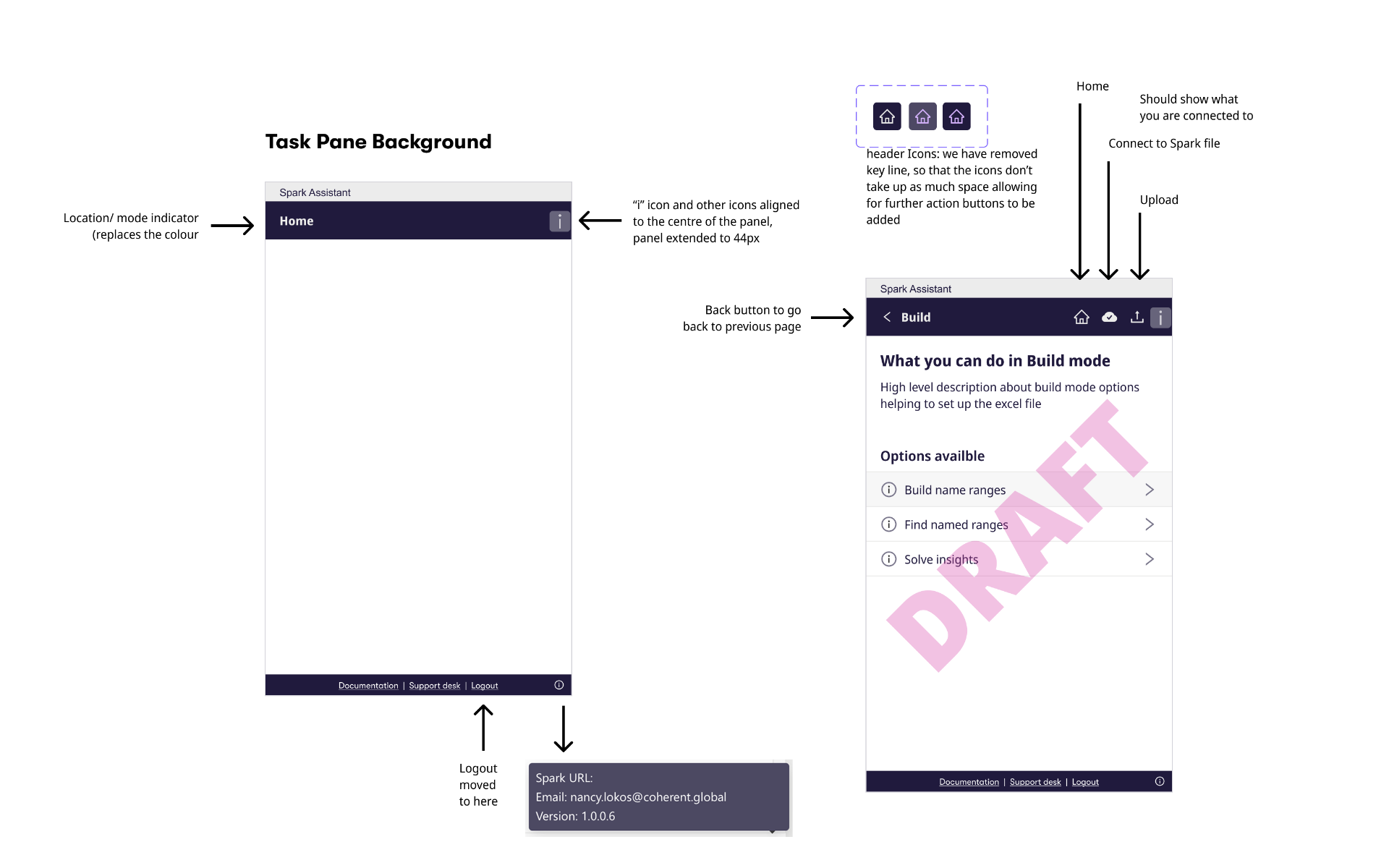 Task pane background — location indicator, aligned header icons, footer with Documentation, Support desk, Logout.