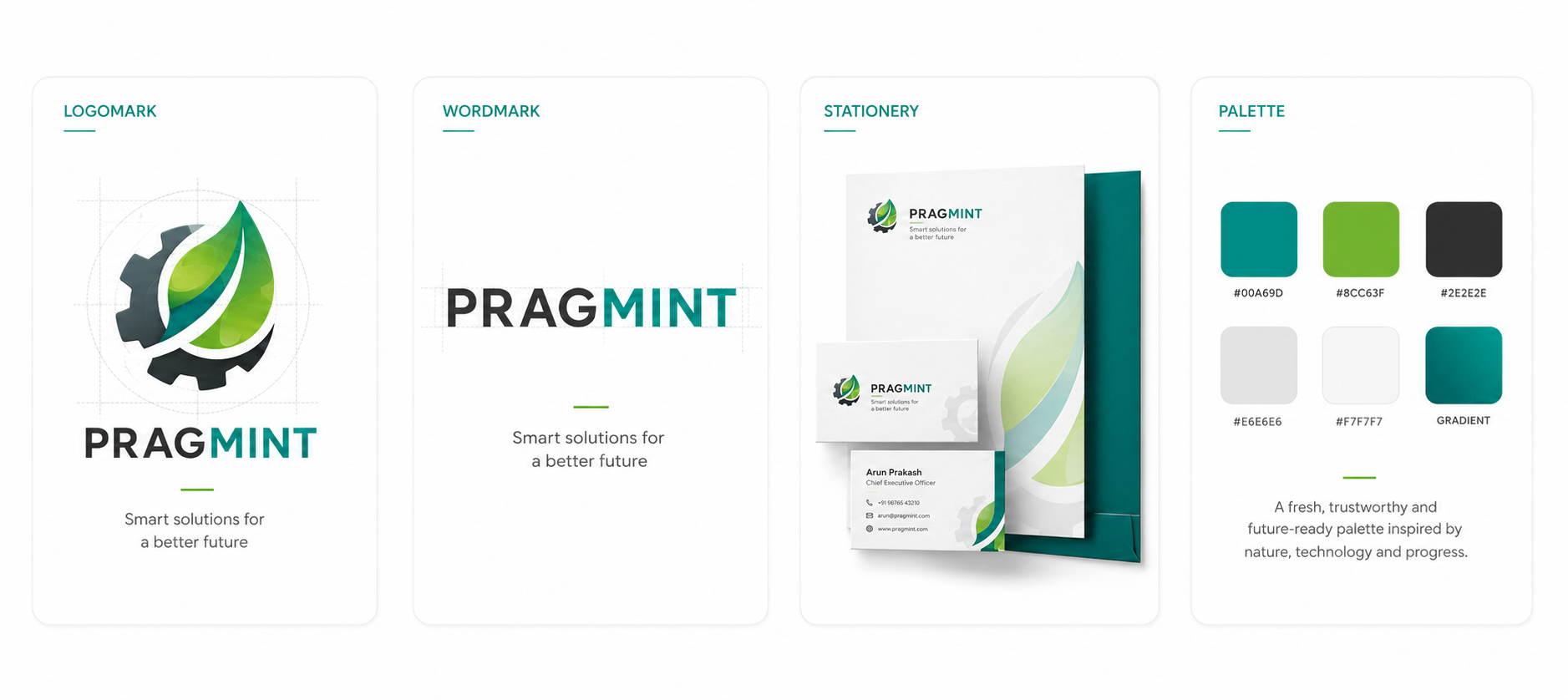 Pragmint identity — logomark, wordmark, stationery and palette