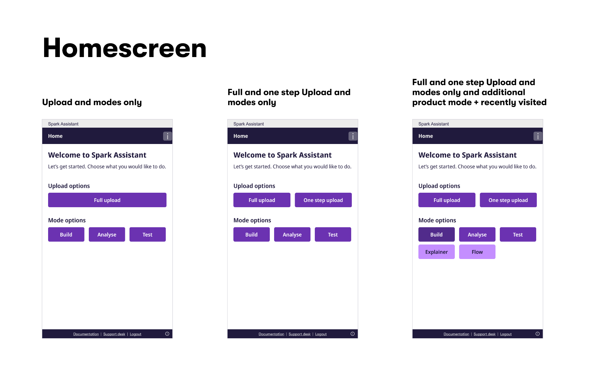 Homescreen variations — upload-only, upload + modes, and modes + recently visited.