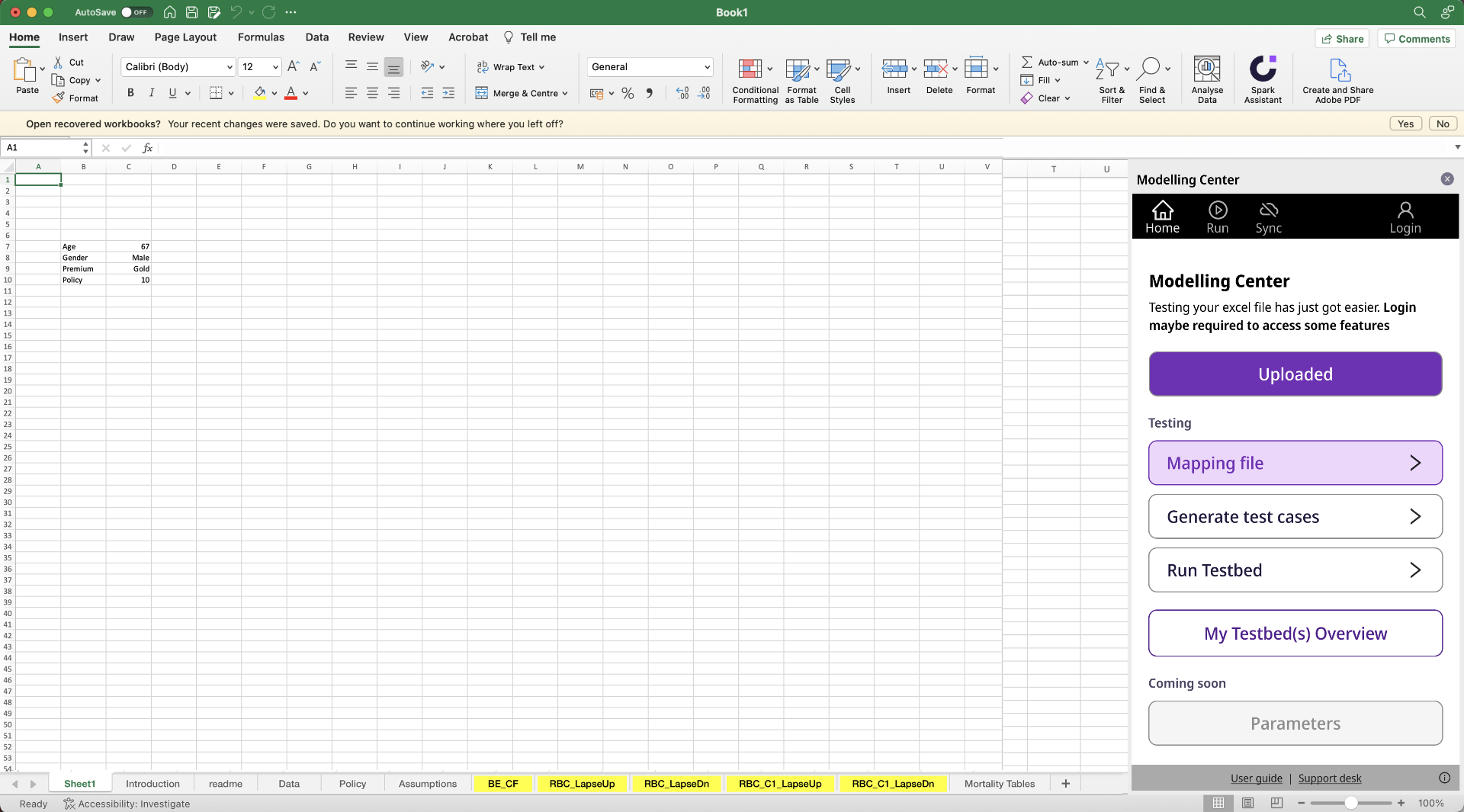 Excel spreadsheet with the Coherent Modelling Center add-in docked in a right-hand panel