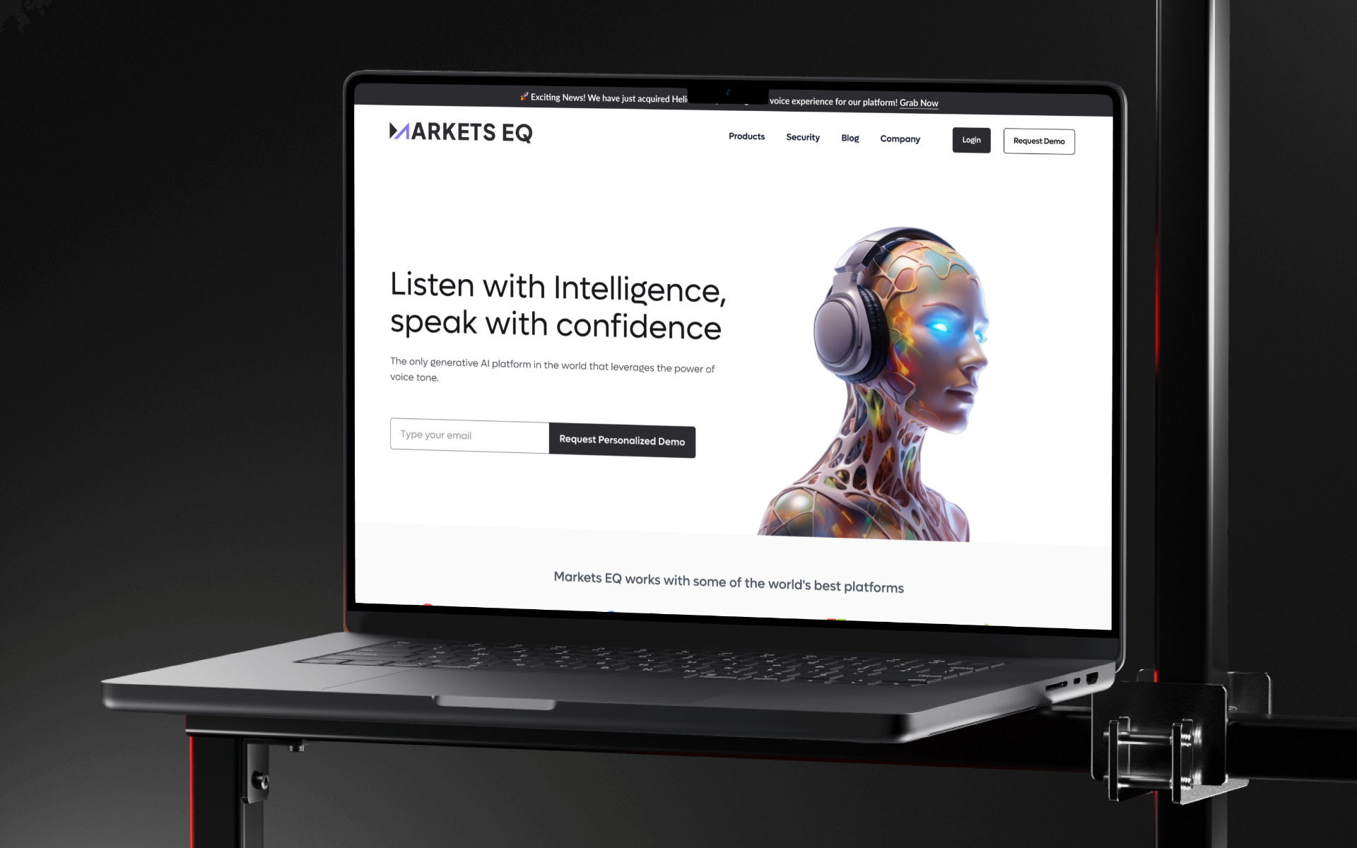 Markets EQ landing page on a laptop